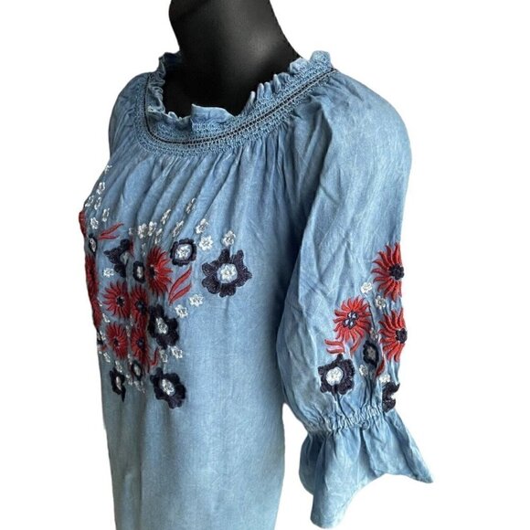 VTG 90s Rainforest Cafe Blue Chambray Floral Red Embroidered Dress Women’s S - Picture 4 of 10